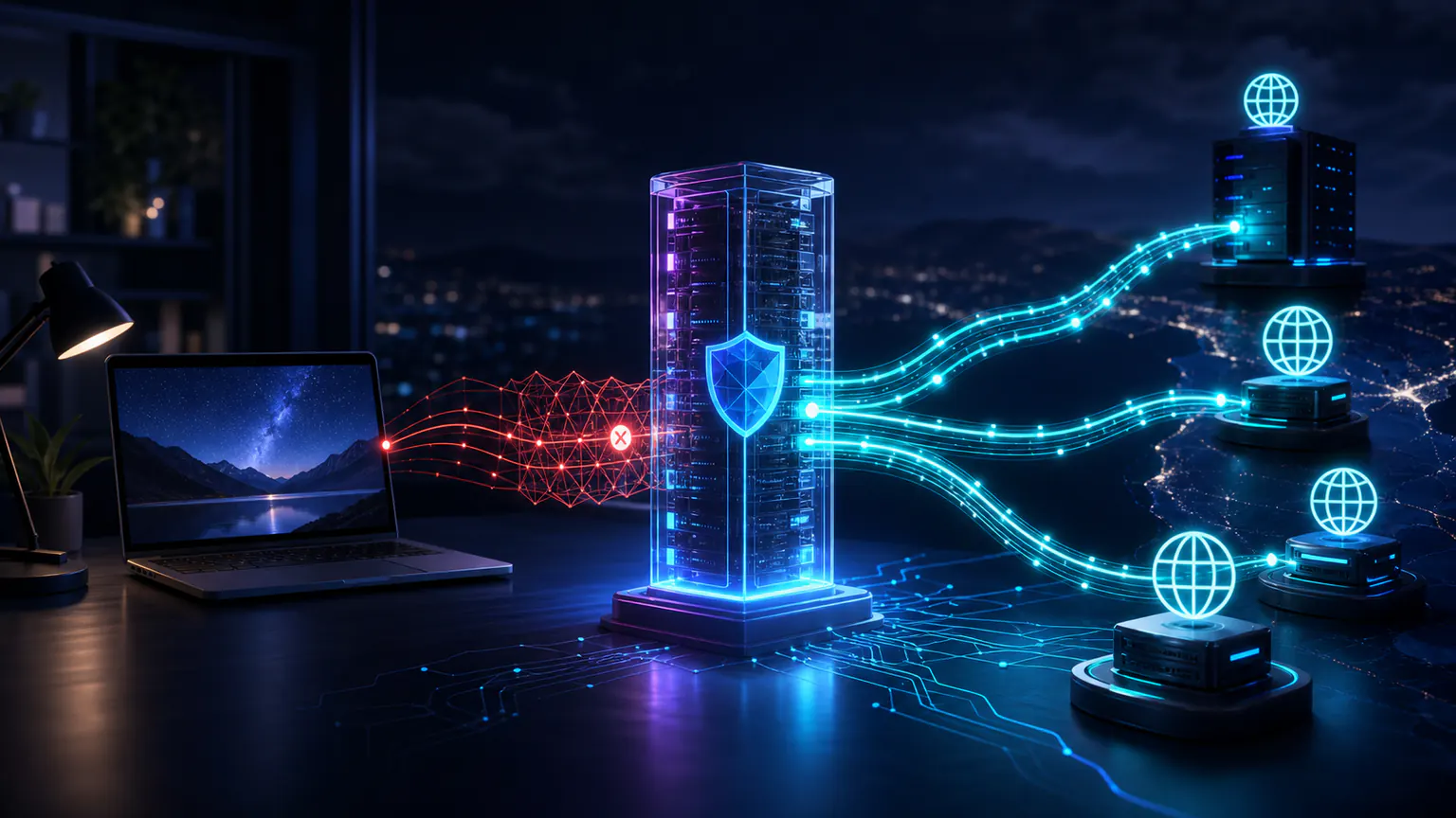 Cinematic illustration of a proxy server relaying and masking traffic between a laptop and websites