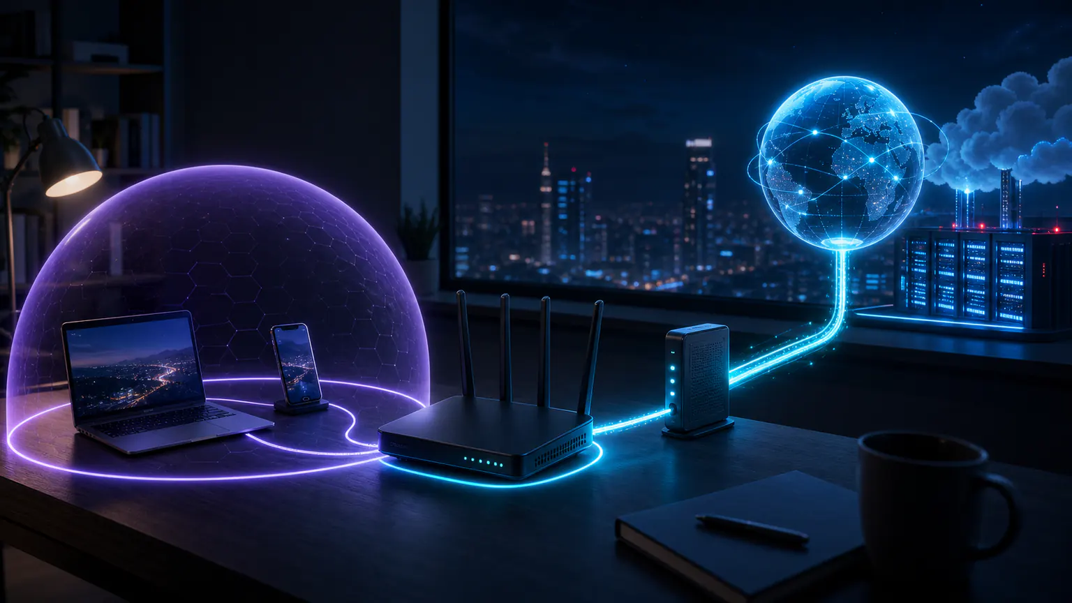 Cinematic illustration separating private device addresses, a router gateway, and the public internet address