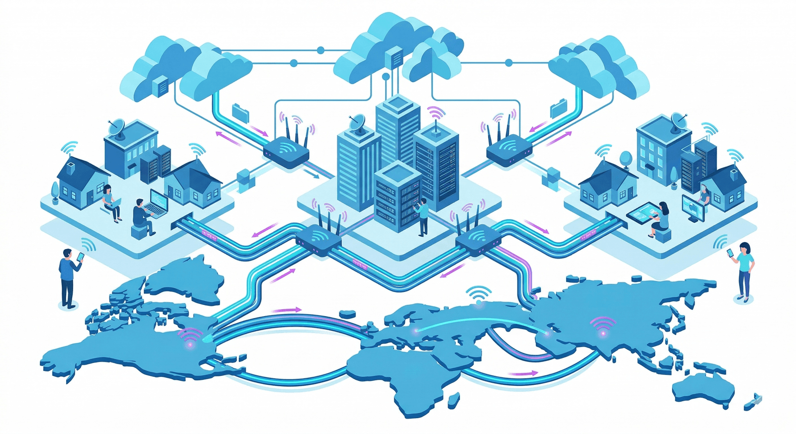 Isometric illustration of the internet connecting routers, servers, clouds, homes, and continents through cables and wireless links