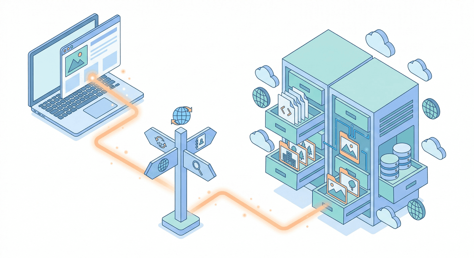 Isometric illustration of web hosting showing a browser connected to a data center server rack with website files and DNS routing
