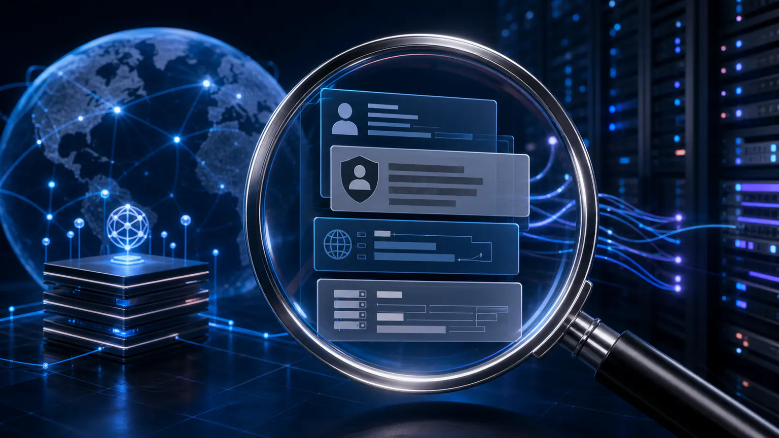 Cinematic illustration of a WHOIS lookup revealing public domain and network registration records through a magnifying lens