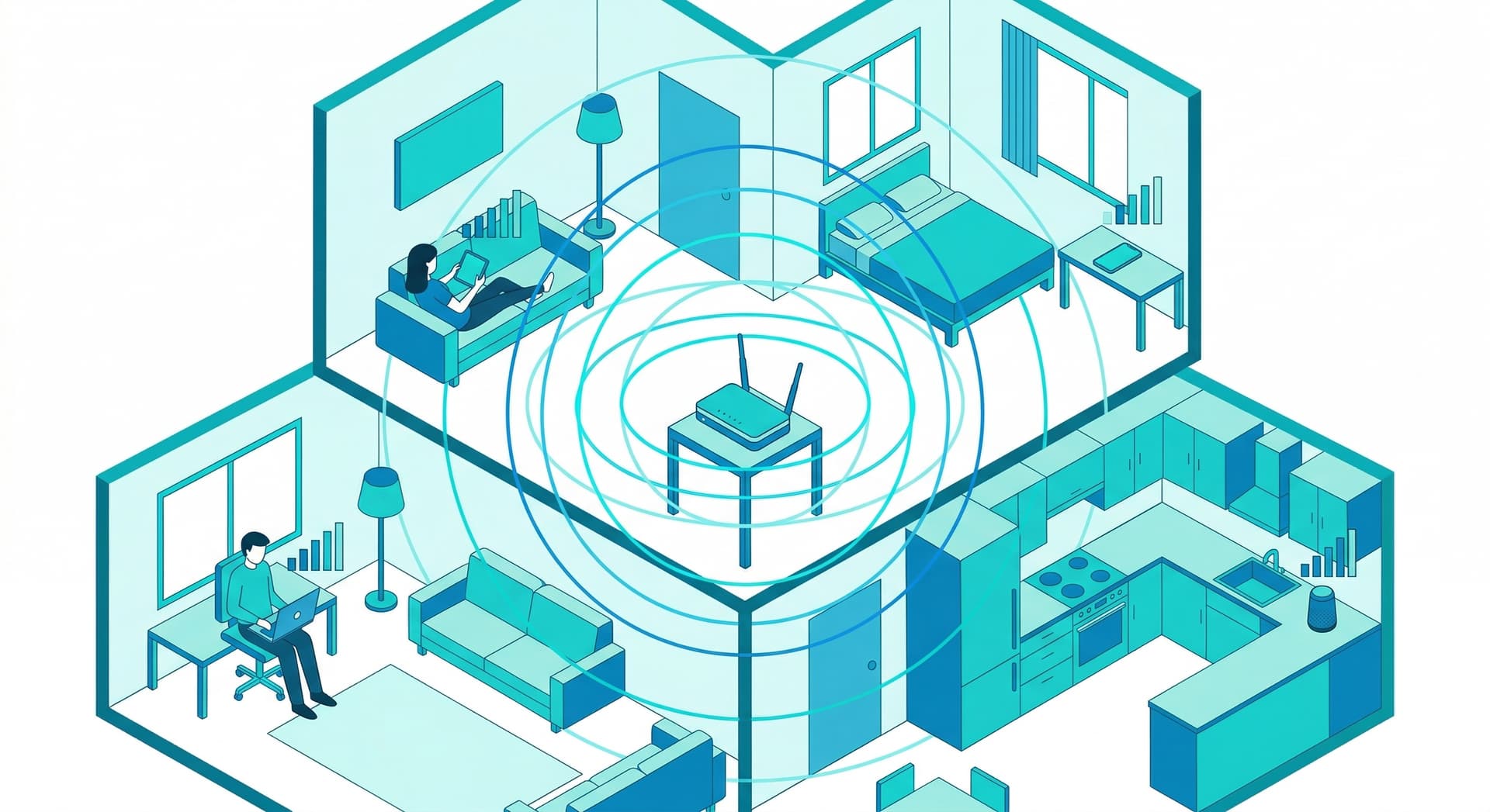 Isometric illustration of a home cross-section with a WiFi router emitting radio waves reaching devices in every room